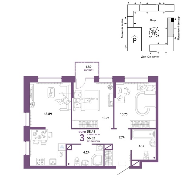 Новая 3-к квартира
 58.41 м² на 4/16 этаже в ЖК «Юнион» в городе Тюмень 
