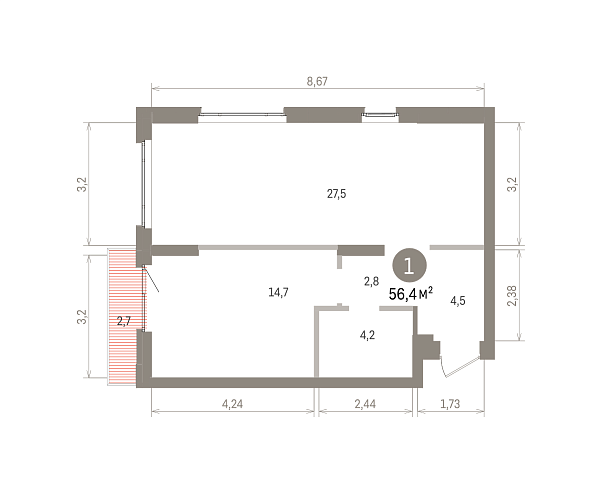 Количество комнат: 1,  56.4 кв.м.