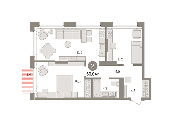 Новая 2-к квартира
 65.98 м² на 14/17 этаже в ЖК «Октябрьский на Туре» в городе Тюмень 