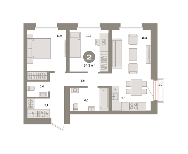 Новая 2-к квартира
 64.3 м² на 9/24 этаже в ЖК «Квартал «Метроном»» в городе Тюмень 