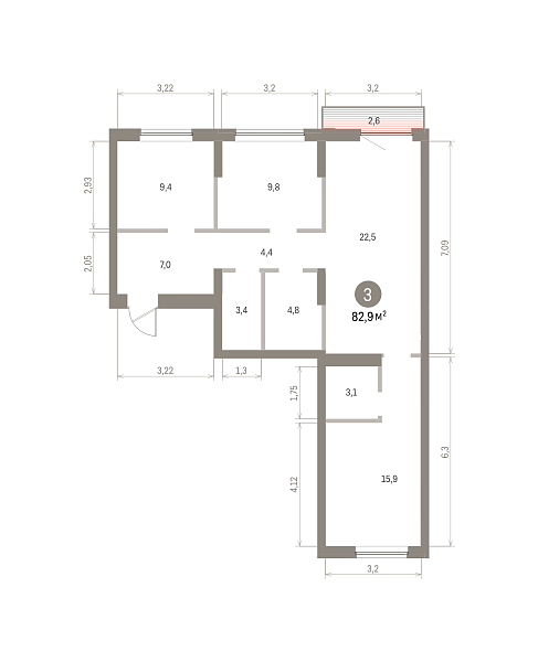 Количество комнат: 3,  82.86 кв.м.