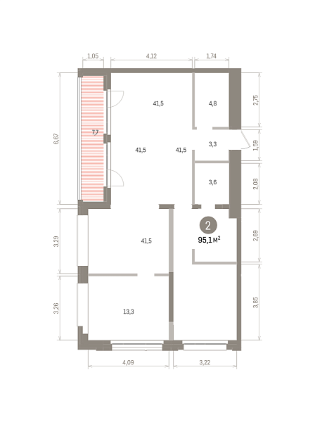 Количество комнат: 2,  95.1 кв.м.