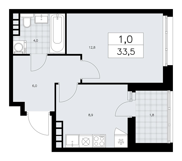Новая 1-к квартира
 33.5 м² на 24/24 этаже в ЖК «Дзен-кварталы» в городе Тюмень 