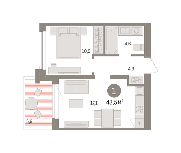 Новая 1-к квартира
 43.46 м² на 2/8 этаже в ЖК «Европейский квартал» в городе Тюмень 