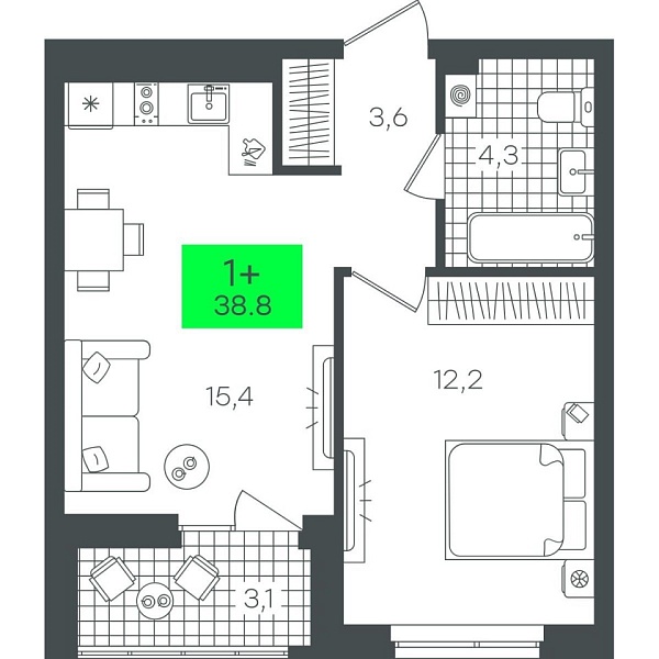 Новая 1-к квартира
 38.8 м² на 2/22 этаже в ЖК «Гранд Квартал» в городе Тюмень 