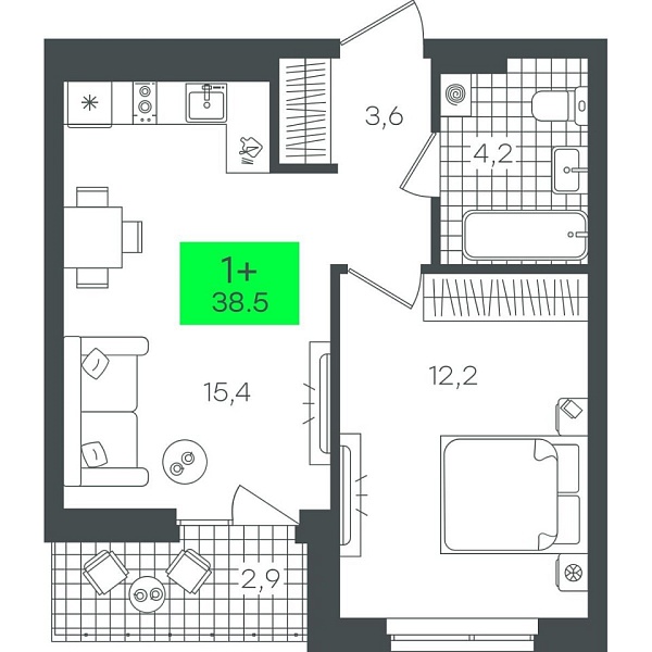 Новая 1-к квартира
 38.55 м² на 8/22 этаже в ЖК «Гранд Квартал» в городе Тюмень 