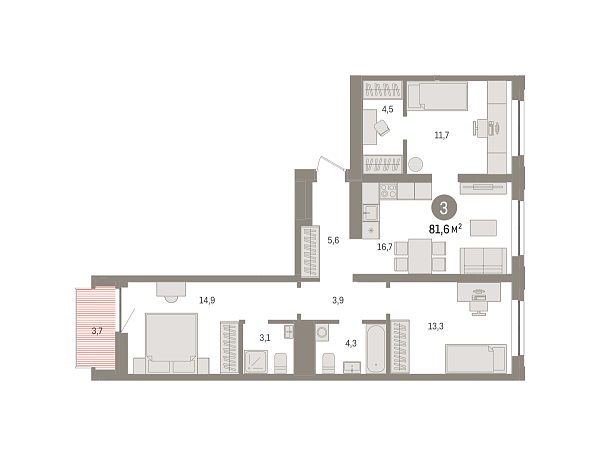 Новая 3-к квартира
 81.5 м² на 7/9 этаже в ЖК «Речной порт» в городе Тюмень 