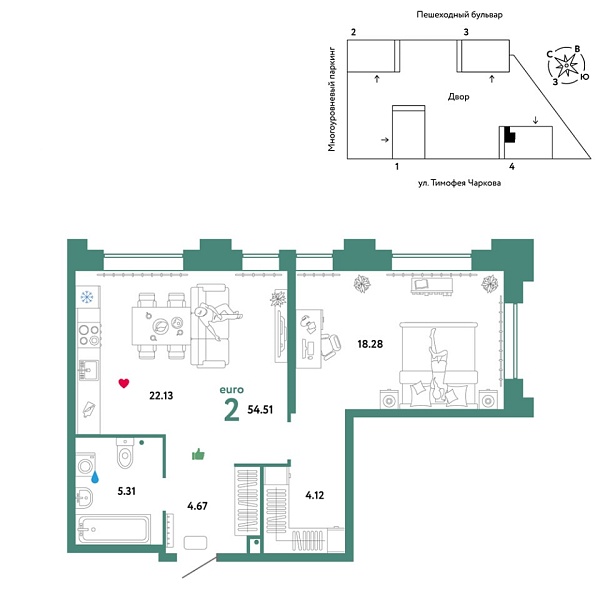 Новая 2-к квартира
 54.51 м² на 26/31 этаже в ЖК «Звёздный» в городе Тюмень 