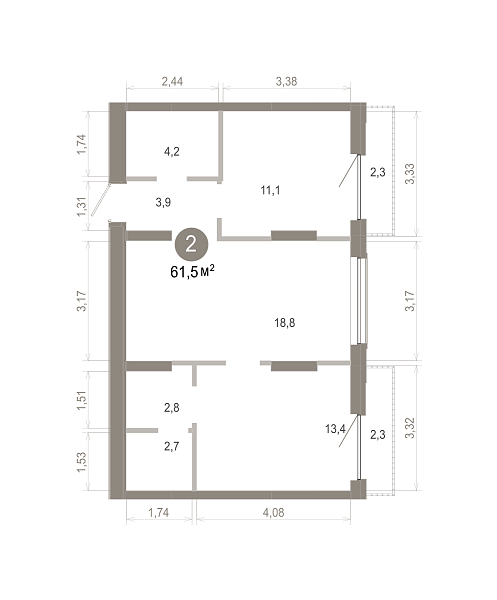 Количество комнат: 2,  61.51 кв.м.