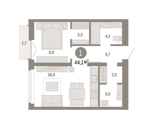 Новая 1-к квартира
 44.11 м² на 8/9 этаже в ЖК «Республики 205» в городе Тюмень 