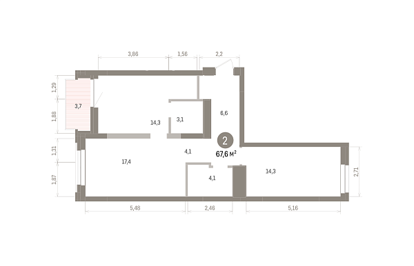Количество комнат: 2,  67.6 кв.м.