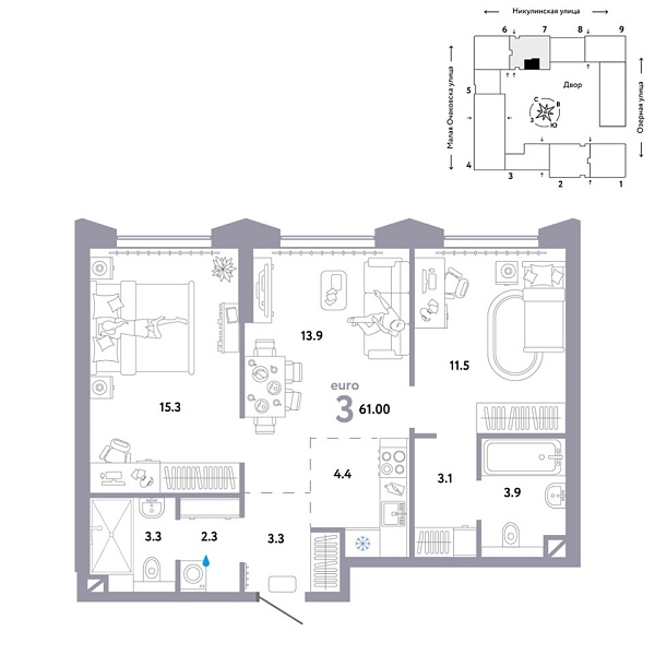 Новая 3-к квартира
 61 м² на 16/30 этаже в ЖК «Страна.Озёрная» в городе Тюмень 