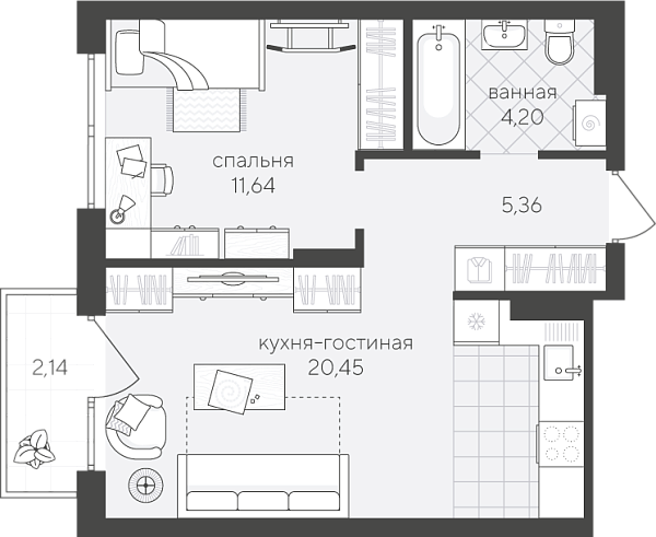 Новая 1-к квартира
 43.79 м² на 3/4 этаже в ЖК «Скандиа. Квартал у Озера» в городе Тюмень 