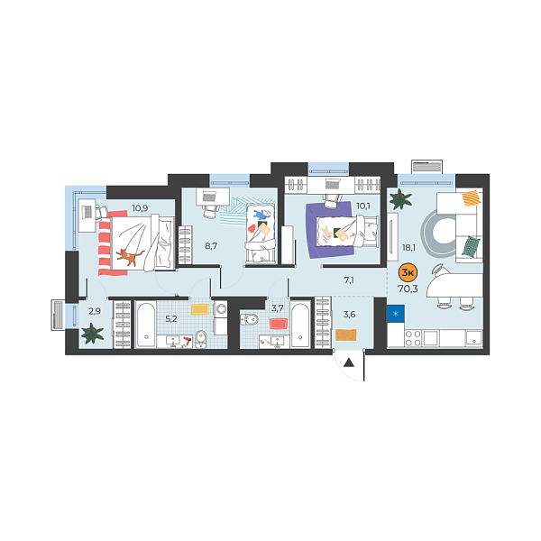 Новая 3-к квартира
 70.3 м² на 9/25 этаже в ЖК «Корней» в городе Тюмень 