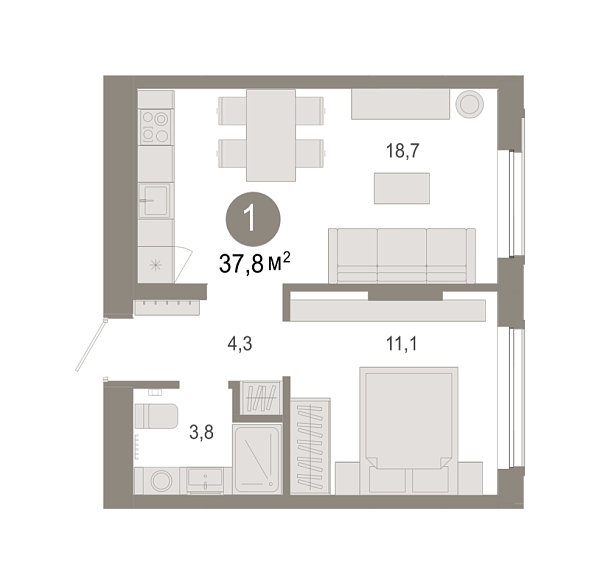 Новая 1-к квартира
 37.81 м² на 2/7 этаже в ЖК «Октябрьский на Туре» в городе Тюмень 