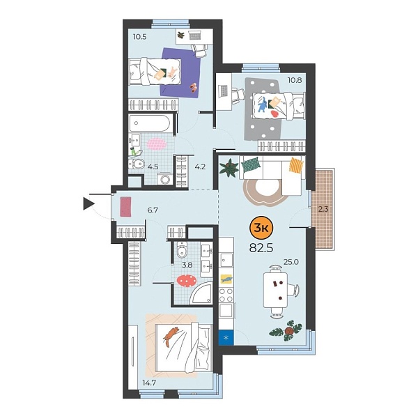 Новая 3-к квартира
 81.4 м² на 6/25 этаже в ЖК «Корней» в городе Тюмень 