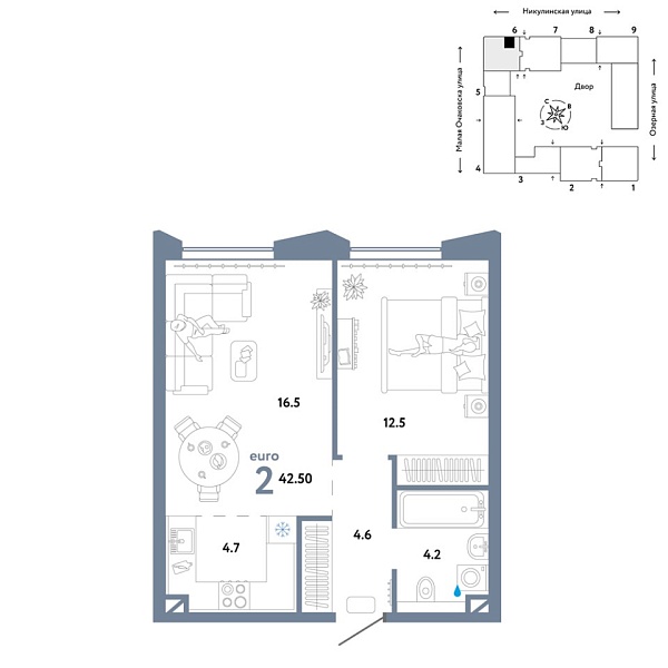Новая 2-к квартира
 42.5 м² на 13/30 этаже в ЖК «Страна.Озёрная» в городе Тюмень 