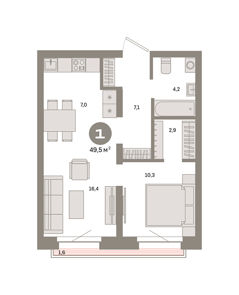 Новая 1-к квартира
 49.5 м² на 5/9 этаже в ЖК «Квартал «Метроном»» в городе Тюмень 