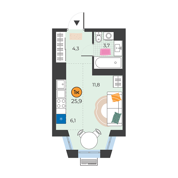 Новая квартира-студия
 25.9 м² на 18/25 этаже в ЖК «Корней» в городе Тюмень 