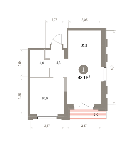 Количество комнат: 1,  43.1 кв.м.