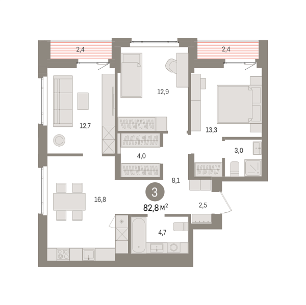 Новая 3-к квартира
 82.8 м² на 12/16 этаже в ЖК «Квартал «Траектория»» в городе Тюмень 
