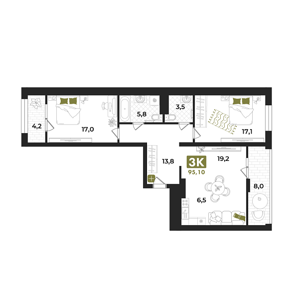Новая 3-к квартира
 95.6 м² на 5/15 этаже в ЖК «Опера» в городе Тюмень 