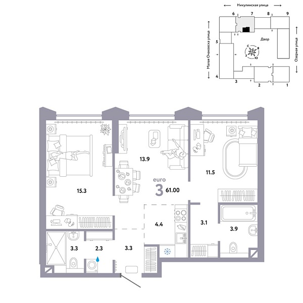 Новая 3-к квартира
 61 м² на 26/30 этаже в ЖК «Страна.Озёрная» в городе Тюмень 