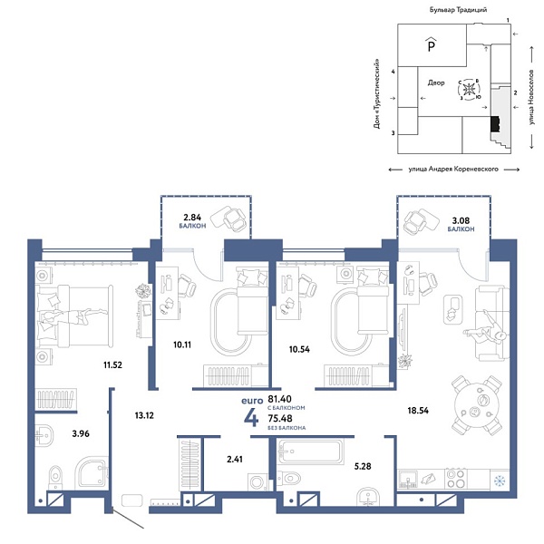 Новая 4-к квартира
 81.4 м² на 12/15 этаже в ЖК «Домашний» в городе Тюмень 