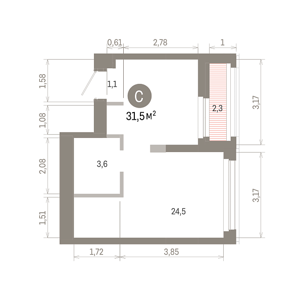 Количество комнат: Студия,  31.46 кв.м.