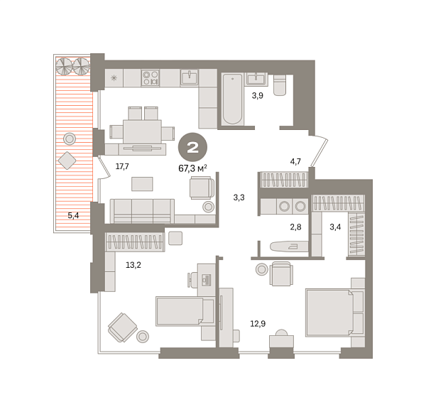 Новая 2-к квартира
 67.33 м² на 7/30 этаже в ЖК «Квартал Герцена» в городе Тюмень 