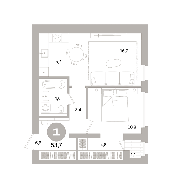Новая 1-к квартира
 53.66 м² на 3/8 этаже в ЖК «Северный ветер» в городе Тюмень 