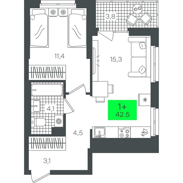 Новая 1-к квартира
 42.54 м² на 8/22 этаже в ЖК «Гранд Квартал» в городе Тюмень 