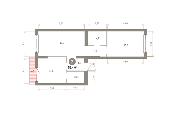 Количество комнат: 2,  63.4 кв.м.