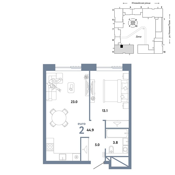 Новая 2-к квартира
 44.9 м² на 33/38 этаже в ЖК «Страна.Заречная» в городе Тюмень 