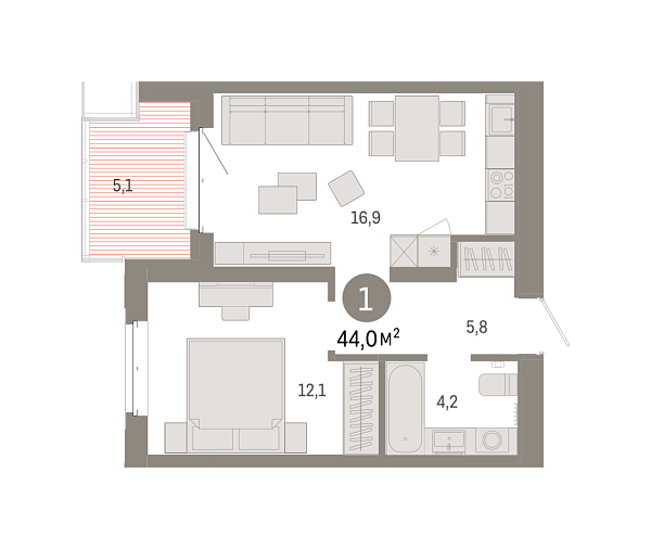 Новая 1-к квартира
 44.03 м² на 4/8 этаже в ЖК «Кварталы «На Минской»» в городе Тюмень 