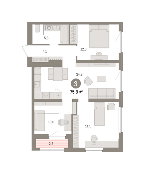 Новая 3-к квартира
 75.76 м² на 13/16 этаже в ЖК «Зарека» в городе Тюмень 