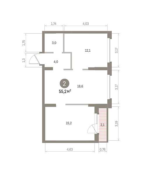 Количество комнат: 2,  55.16 кв.м.