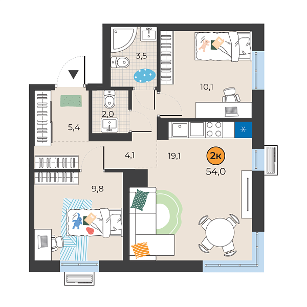 Новая 2-к квартира
 54 м² на 13/25 этаже в ЖК «Корней» в городе Тюмень 