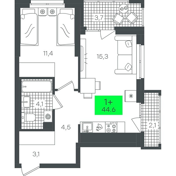 Новая 1-к квартира
 44.6 м² на 3/22 этаже в ЖК «Гранд Квартал» в городе Тюмень 