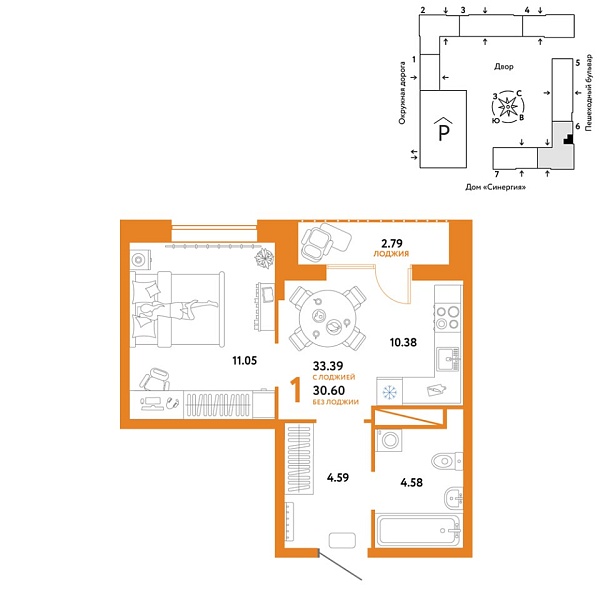 Новая 1-к квартира
 33.39 м² на 15/16 этаже в ЖК «Юнион» в городе Тюмень 