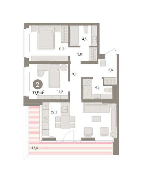 Новая 2-к квартира
 77.85 м² на 6/16 этаже в ЖК «Кварталы «На Минской»» в городе Тюмень 
