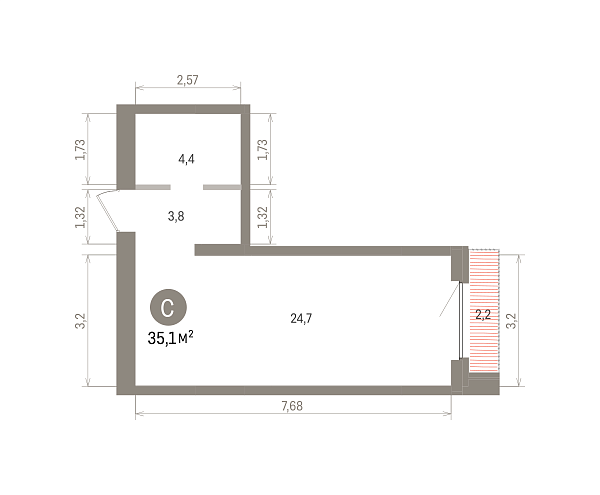 Количество комнат: Студия,  35.09 кв.м.