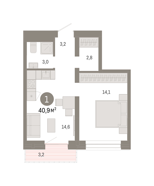 Новая 1-к квартира
 40.94 м² на 5/9 этаже в ЖК «Речной порт» в городе Тюмень 