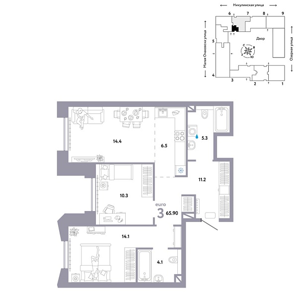 Новая 3-к квартира
 65.9 м² на 2/30 этаже в ЖК «Страна.Озёрная» в городе Тюмень 