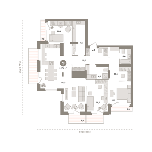 Новая 3-к квартира
 147.91 м² на 24/25 этаже в ЖК «Октябрьский на Туре» в городе Тюмень 