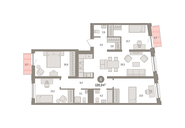Новая 4-к квартира
 120 м² на 6/9 этаже в ЖК «Речной порт» в городе Тюмень 