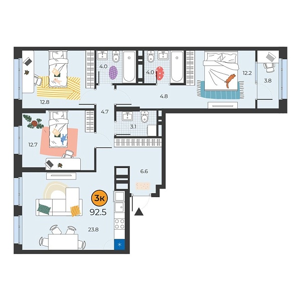 Новая 3-к квартира
 92.5 м² на 4/14 этаже в ЖК «Корней» в городе Тюмень 