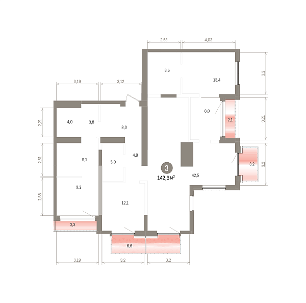 Количество комнат: 3,  142.6 кв.м.