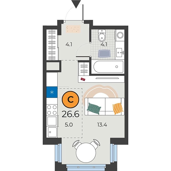 Новая квартира-студия
 26.6 м² на 11/25 этаже в ЖК «Корней» в городе Тюмень 