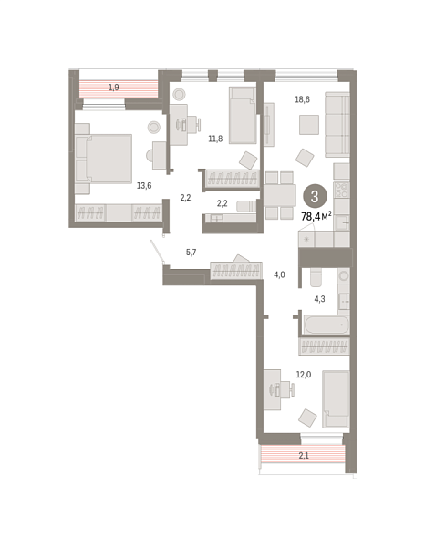 Новая 3-к квартира
 78.44 м² на 9/9 этаже в ЖК «Республики 205» в городе Тюмень 
